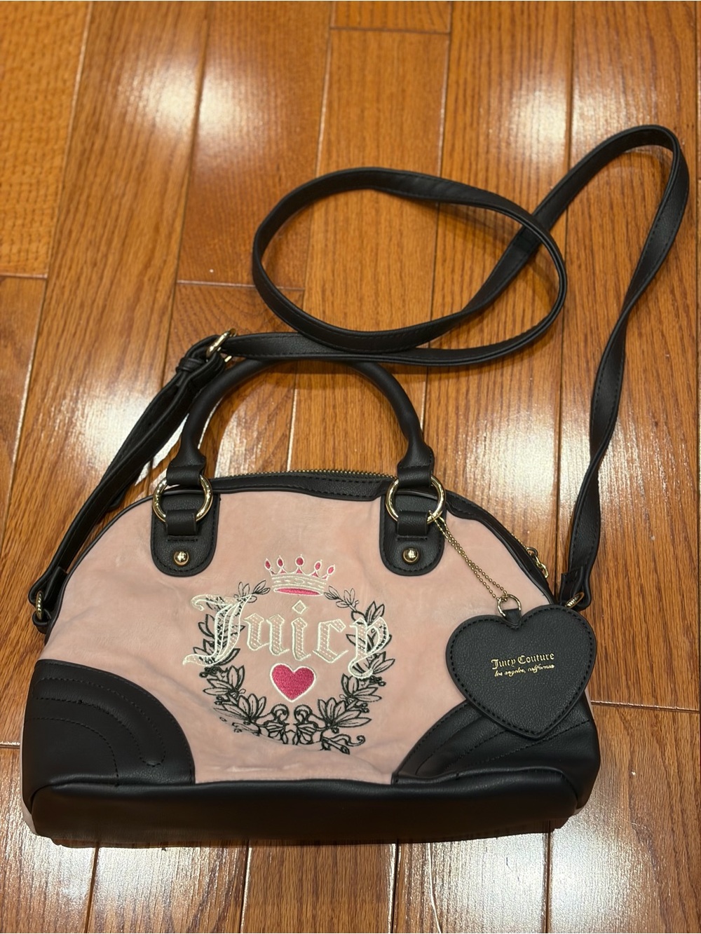 Juicy Couture Pink and Black Crossbody Satchel with Heart Charm